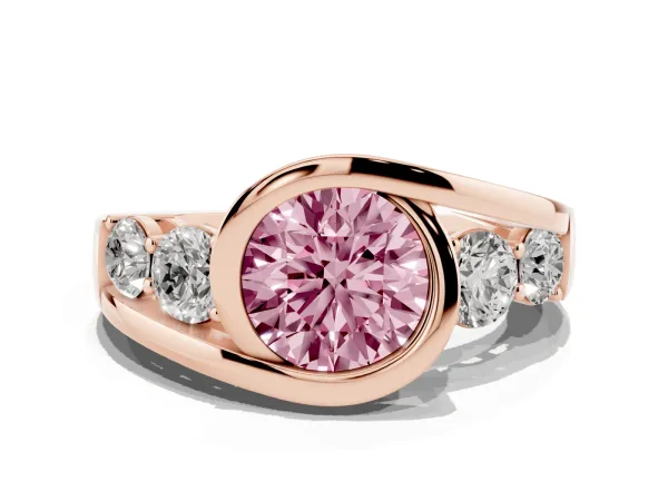 Fancy Pink Bezel Set Round Cut Diamond Bypass Ring with Round Accents Rose gold