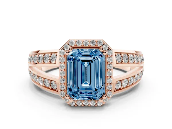 Fancy Blue Emerald Cut Diamond Halo Ring with Split Shank Pavé Band and Four-Prong Setting Rose gold