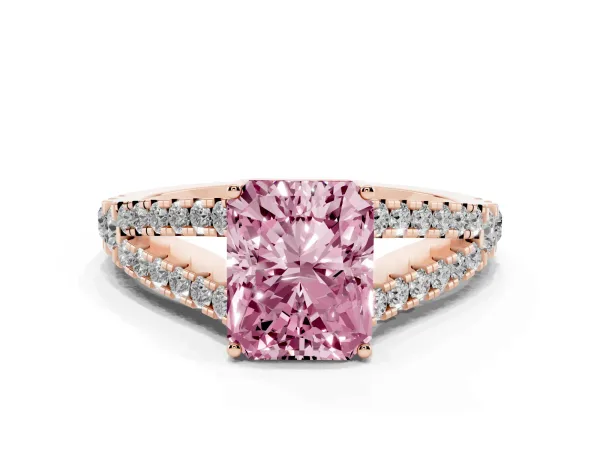 Fancy Pink Radiant Cut Diamond Split Shank Engagement Ring with Round Pavé and Prong Setting Rose gold
