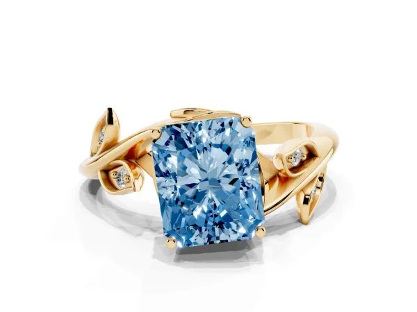 Fancy Blue Radiant Cut Solitaire Twist Engagement Ring with Leaf Accents and Prong Setting Yellow gold