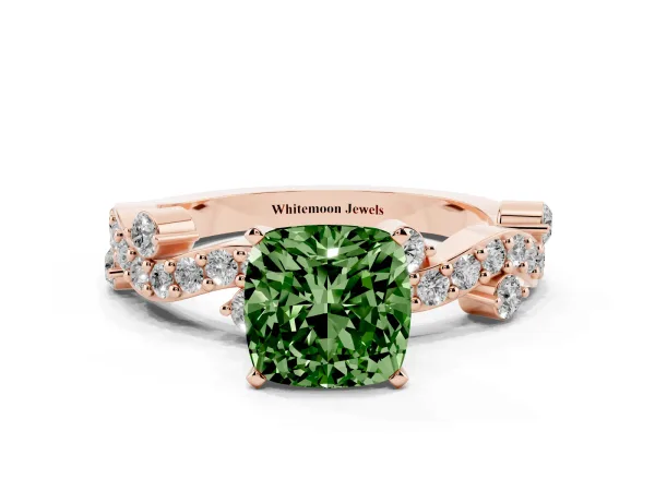 Fancy Green Cushion Cut Cut Solitaire Diamond Twisted Band with Pave Setting Rose gold