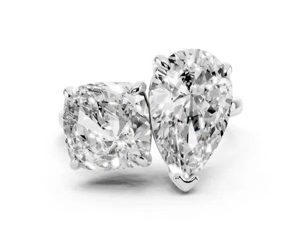 Pear and Cushion Toi Moi Ring with Prong Setting and Plain Band Platinum