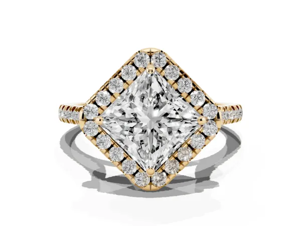 Princess Cut Diamond Cushion Halo Ring with Pavé Band Yellow gold