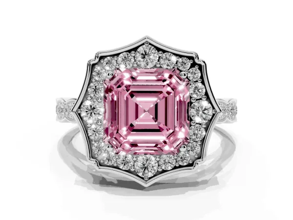 Fancy Pink Asscher Cut Halo Diamond Engagement Ring with Milgrain Band and Four-Prong Setting Platinum