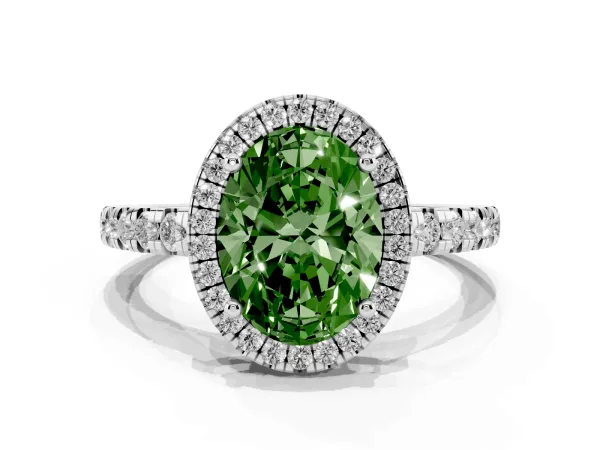 Fancy Green Oval Cut Diamond Halo Ring with Pavé Band and Four-Prong Setting Platinum