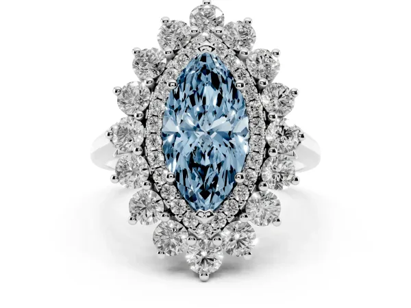 Fancy Blue Marquise Cut Diamond Floral Double Halo Engagement Ring with Prong Setting White gold