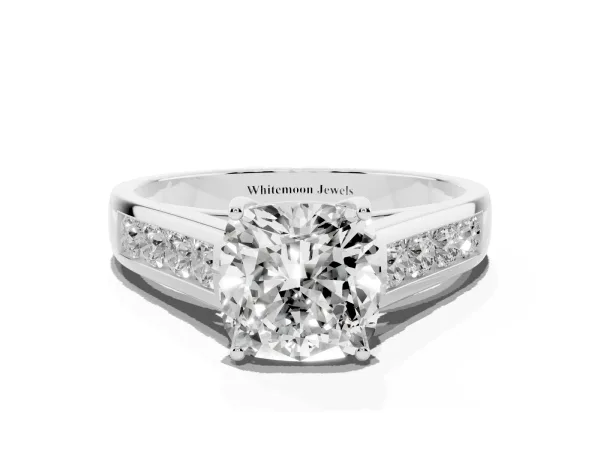 Cushion Cut Solitaire Channel-Set Diamond Engagement Ring with Four-Prong Setting White gold