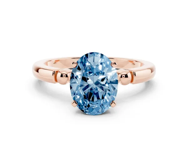 Fancy Blue Oval Cut Solitaire Beaded Band with Four-Prong Setting Rose gold
