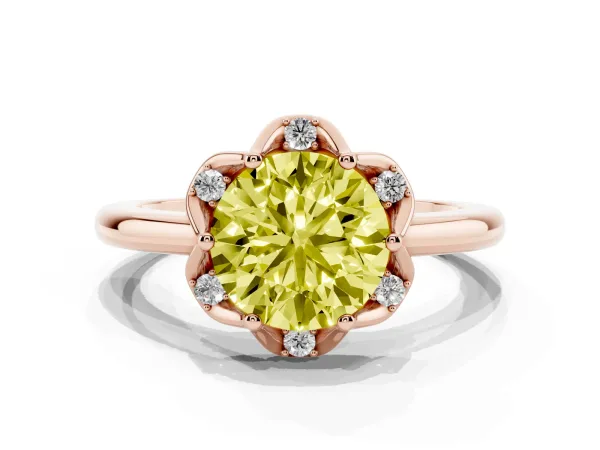 Fancy Yellow Round Cut Halo Diamond Ring with Round Cluster Setting, Solitaire Band, and Four-Prong Setting Rose gold