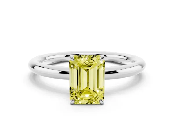 Fancy Yellow Emerald Cut Solitaire Diamond Ring with Four-Prong Setting on a Plain Band Platinum