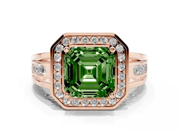 Fancy Green Asscher Cut Diamond Halo Ring with Split Shank and Bezel Accents and Prong Setting Rose gold