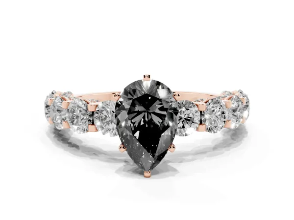 Fancy Black Pear Cut Diamond Side Stone Engagement Ring with Four-Prong Setting Rose gold