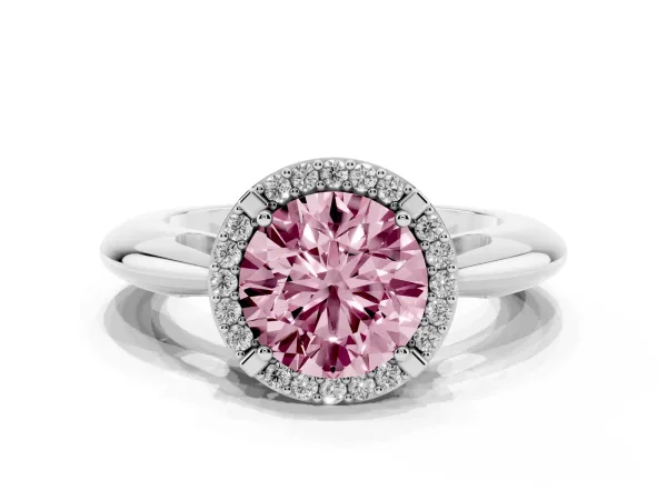 Fancy Pink Round Cut Cut Diamond Halo Engagement Ring with Split Shank and Four-Prong Setting Platinum