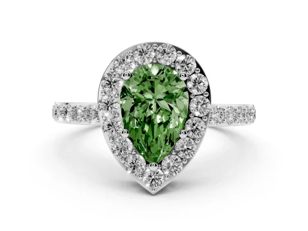 Fancy Green Pear Cut Halo Diamond Pavé Band Ring with Prong Setting White gold