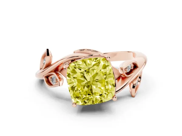 Fancy Yellow Cushion Cut Solitaire Twist Engagement Ring with Leaf Accents and Prong Setting Rose gold