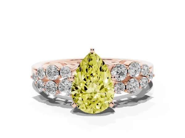 Fancy Yellow Pear Cut Cluster Diamond Engagement Ring with Pavé Band and Four-Prong Setting Rose gold