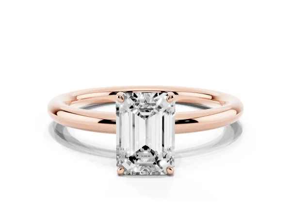 Emerald Cut Solitaire Diamond Ring with Four-Prong Setting on a Plain Band Rose gold
