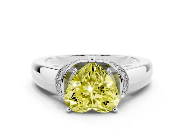 Fancy Yellow Heart Cut Solitaire Diamond Ring with Pave Band and Six-Prong Setting Platinum