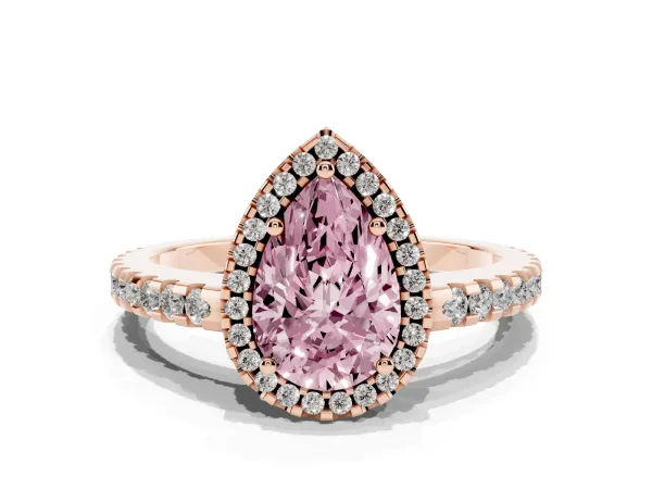 Fancy Pink Pear Cut Diamond Halo Engagement Ring with Pavé Band and Prong Setting Rose gold