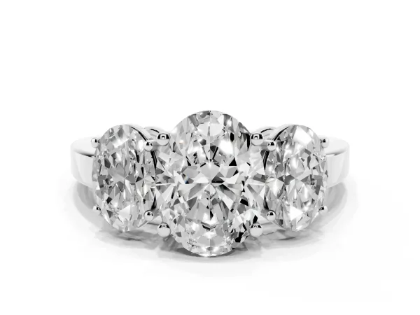 Three-Stone Oval Cut Cut Diamond Engagement Ring with Flat Band and Four-Prong Setting White gold