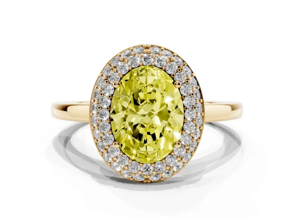 Fancy Yellow Oval Cut Halo Diamond Engagement Ring with Solitaire Band and Four-Prong Setting Yellow gold