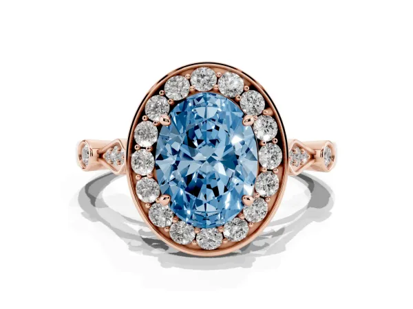 Fancy Blue Oval Cut Halo Diamond Engagement Ring with Twisted Band and Four-Prong Setting Rose gold