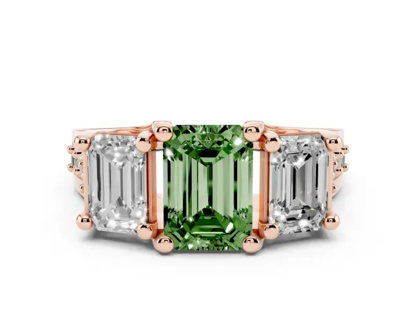 Fancy Green Emerald Cut Diamond Three-Stone Ring with Channel Set Band and Four-Prong Setting Rose gold