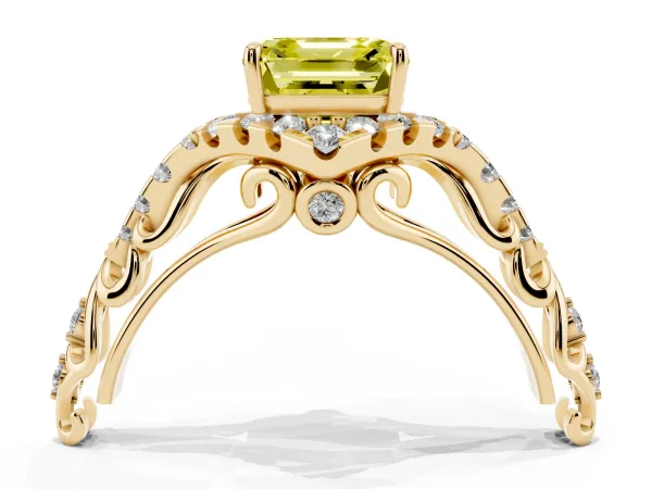 Fancy Yellow Asscher Cut Diamond Solitaire Ring with Hidden Halo and Pavé Band Yellow gold