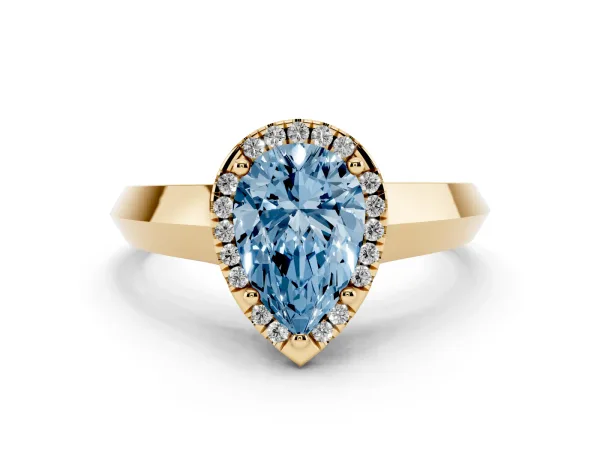 Fancy Blue Pear Cut Halo Diamond Ring with Cathedral Band and Four-Prong Setting Yellow gold