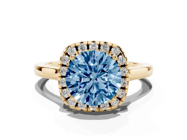Fancy Blue Round Cut Halo Round Diamond Solitaire Ring with Pavé Band and Four-Prong Setting Yellow gold