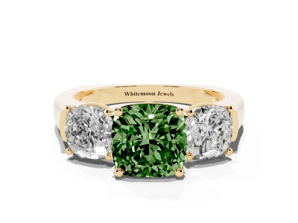 Fancy Green Three-Stone Cushion Cut Brilliant Diamond Trellis Ring with Comfort Fit Band Yellow gold