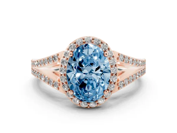 Fancy Blue Oval Cut Halo Split Shank Diamond Ring with Prong Setting Rose gold