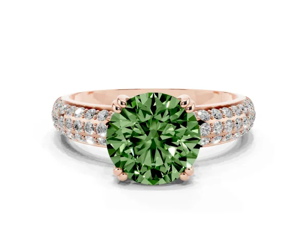 Fancy Green Round Cut Diamond Solitaire Ring with Multi-Row Round Pavé Band and Prong Setting Rose gold