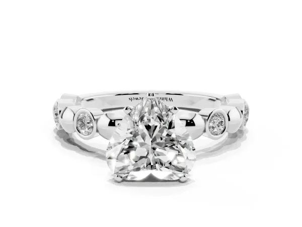 Heart Cut Solitaire Bezel-Set Diamond Ring with Beaded Band and Four-Prong Setting White gold