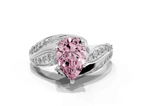 Fancy Pink Pear Cut Diamond Solitaire Ring with Prong Setting and Twisted Pavé Band Platinum