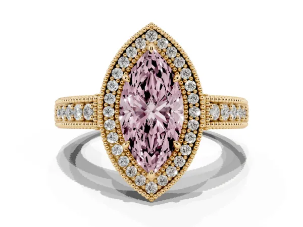 Fancy Pink Marquise Cut Cut Halo Diamond Ring with Pavé Band and Four-Prong Setting Yellow gold
