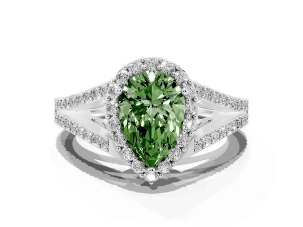 Fancy Green Pear Cut Halo Split Shank Diamond Ring with Prong Setting White gold