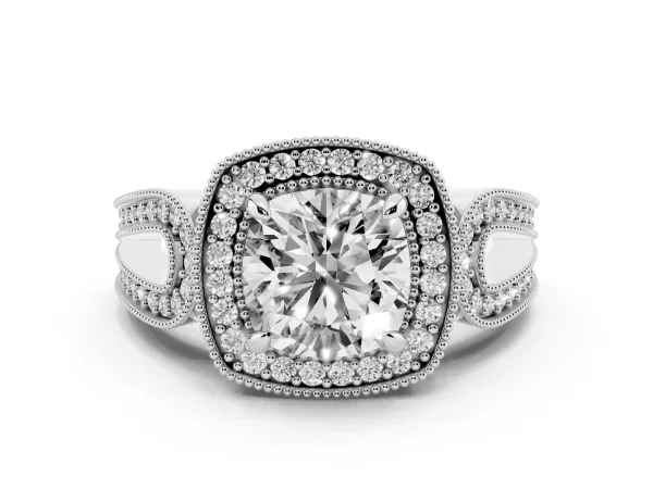 Cushion Cut Halo Split Shank Milgrain Diamond Ring White gold