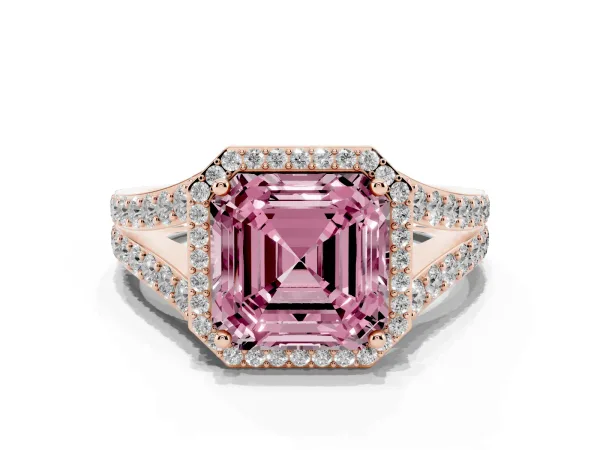 Fancy Pink Asscher Cut Diamond Split Shank Halo Ring with Four-Prong Setting Rose gold
