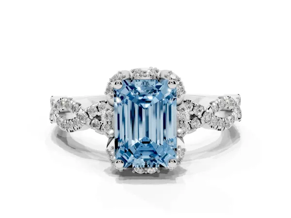 Fancy Blue Emerald Cut Halo Twist Band Solitaire Ring with Six-Prong Setting White gold