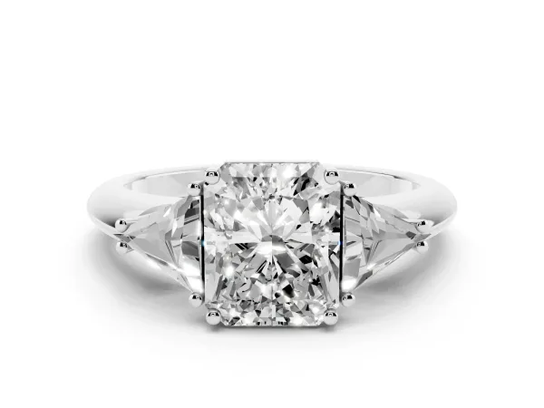 Three-Stone Radiant Cut Diamond Engagement Ring with Trillion Side Stones and Prong Setting Platinum