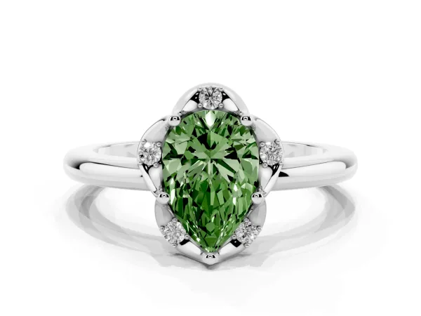 Fancy Green Pear Cut Halo Diamond Ring with Round Cluster Setting, Solitaire Band, and Four-Prong Setting White gold