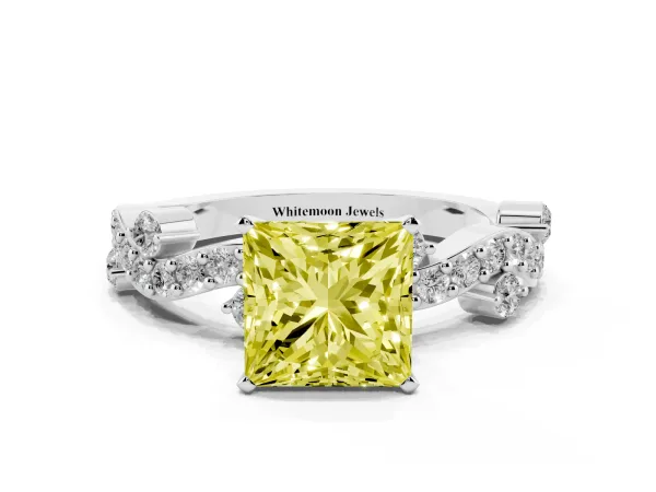 Fancy Yellow Princess Cut Cut Solitaire Diamond Twisted Band with Pave Setting Platinum