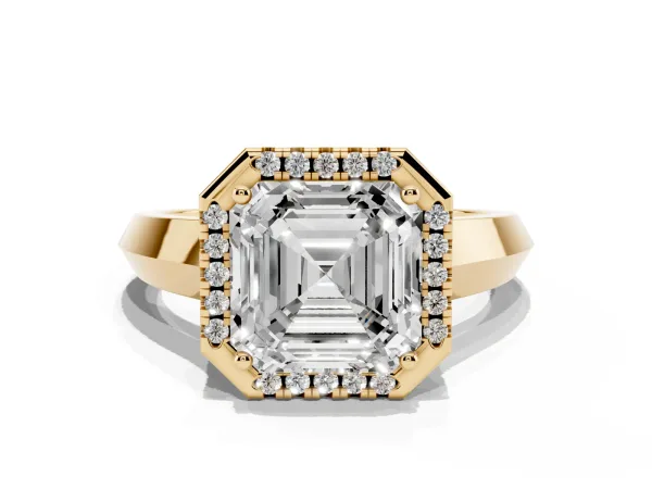 Asscher Cut Halo Diamond Ring with Cathedral Band and Four-Prong Setting Yellow gold