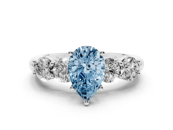 Fancy Blue Pear Cut Cut Five-Stone Prong Set Diamond Ring with Classic Band Platinum