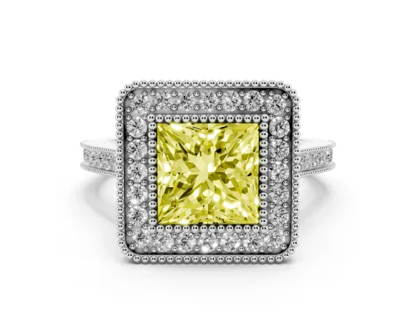 Fancy Yellow Princess Cut Diamond Halo Ring with Milgrain Frame and Pavé Band White gold