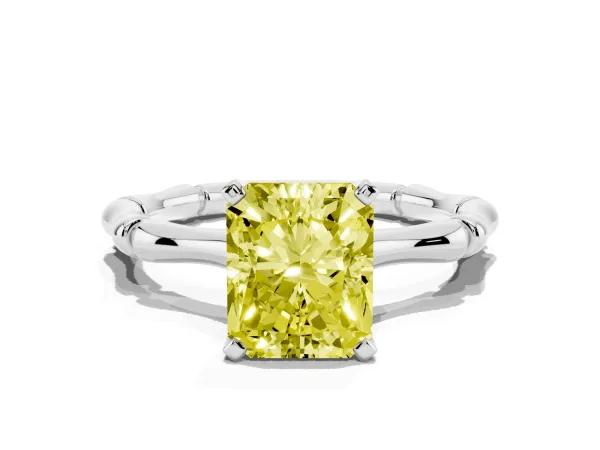 Fancy Yellow Radiant Cut Solitaire Diamond Ring with Bamboo Band and Four-Prong Setting Platinum