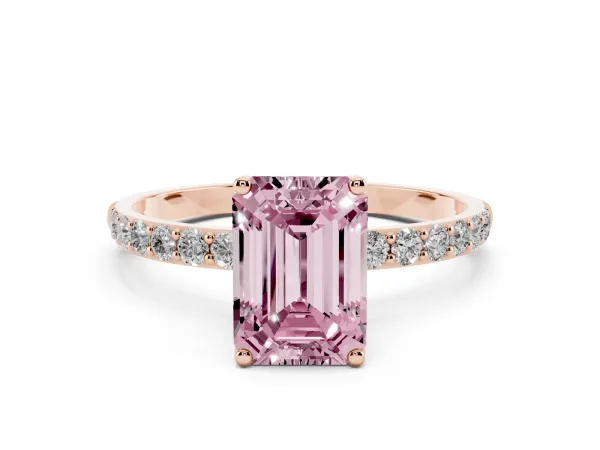 Fancy Pink Emerald Cut Diamond Solitaire Engagement Ring with Round Pavé Band and Prong Setting Rose gold