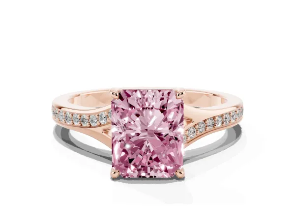 Fancy Pink Radiant Cut Diamond Solitaire Ring with Pavé Band and Prong Setting Rose gold
