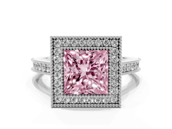 Fancy Pink Halo Princess Cut-Cut Diamond Pave Band Milgrain Prong Setting Ring White gold
